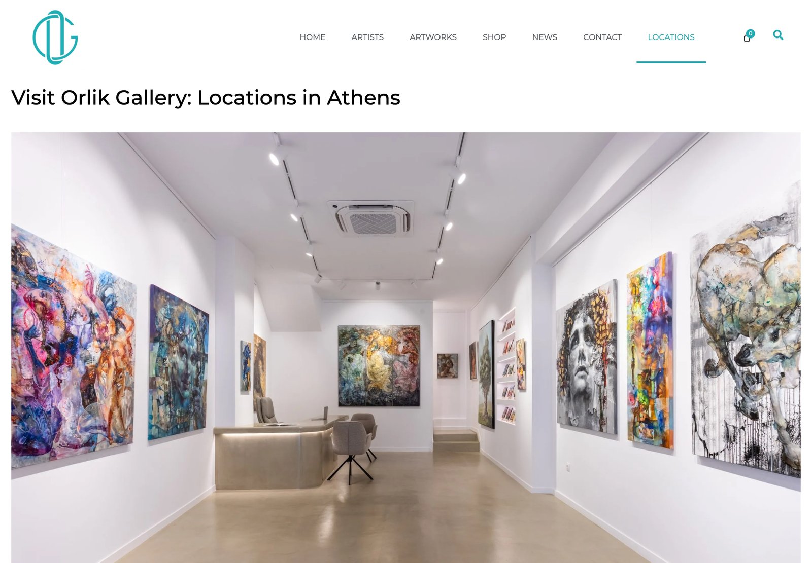 Η σελίδα τοποθεσιών του orlikgallery.com με τον χώρο της gallery στην Αθήνα
